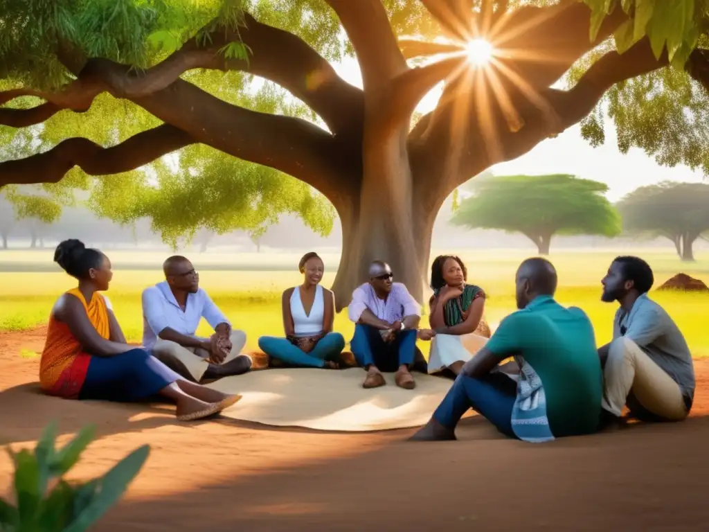 Un círculo de personas diversas conversa bajo un árbol, la luz del sol crea un ambiente cálido