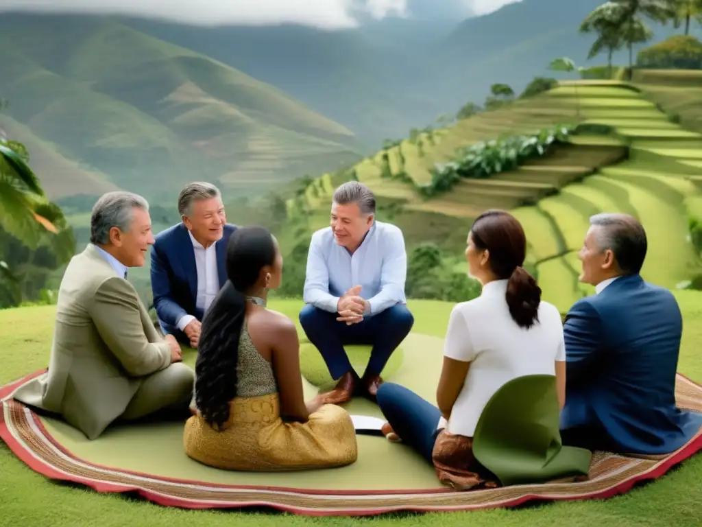 Un círculo de personas diversas dialoga en un paisaje colombiano, simbolizando el proceso de paz liderado por Juan Manuel Santos