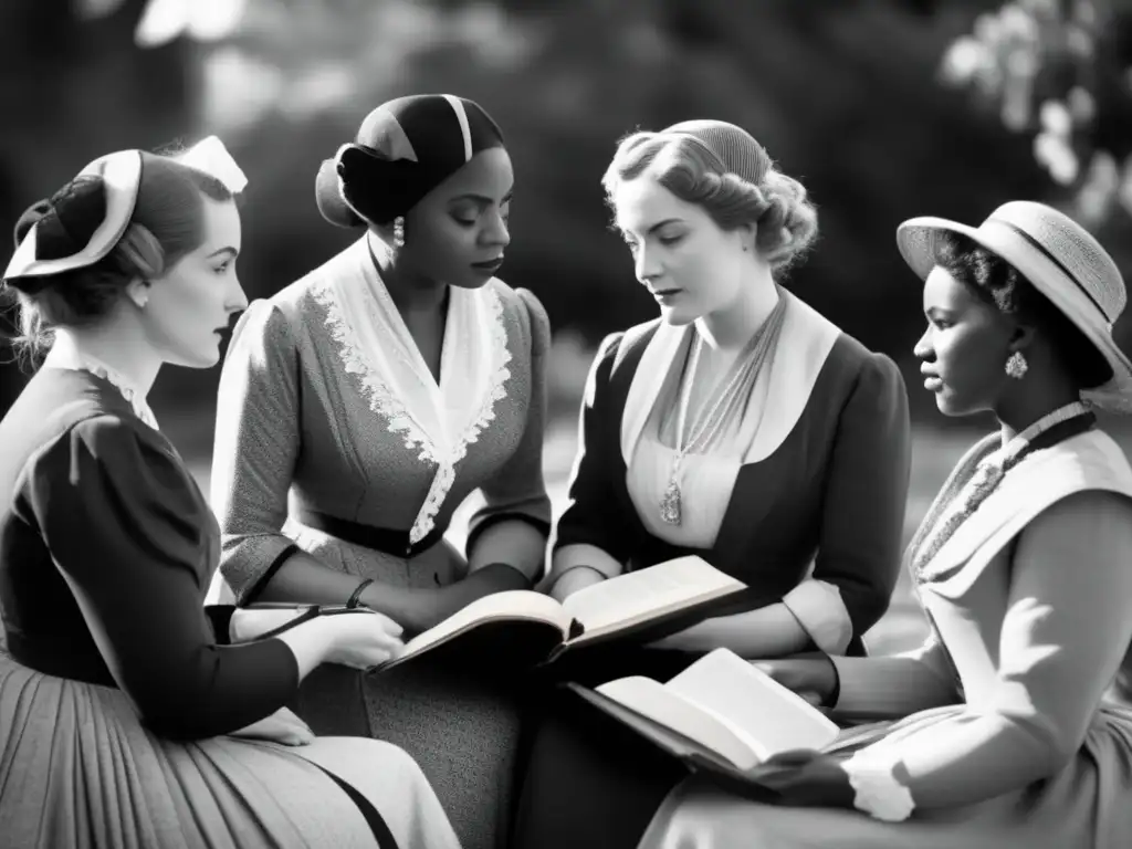 Un círculo de poetisas destacadas en la Emancipación Femenina debatiendo apasionadamente en un jardín soleado del siglo XX