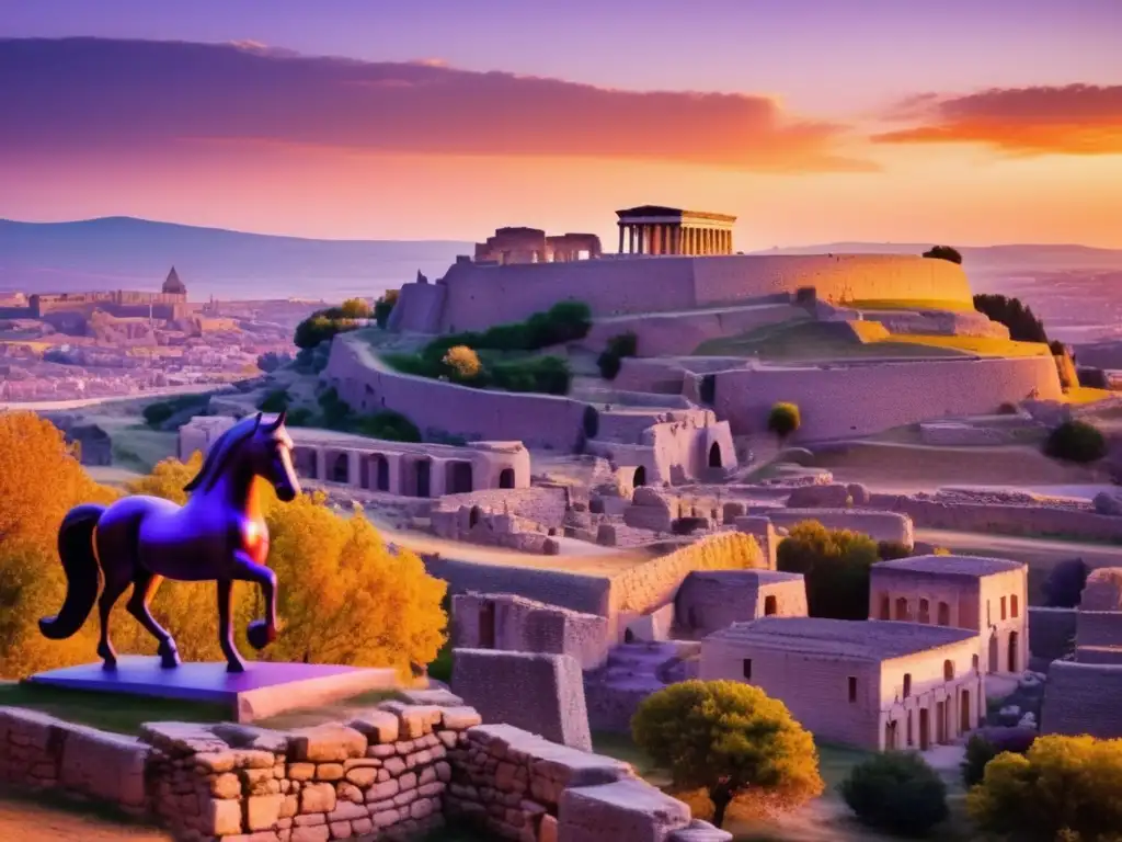 La ciudad antigua de Troya al atardecer, con las ruinas de las murallas y el famoso caballo de madera en primer plano
