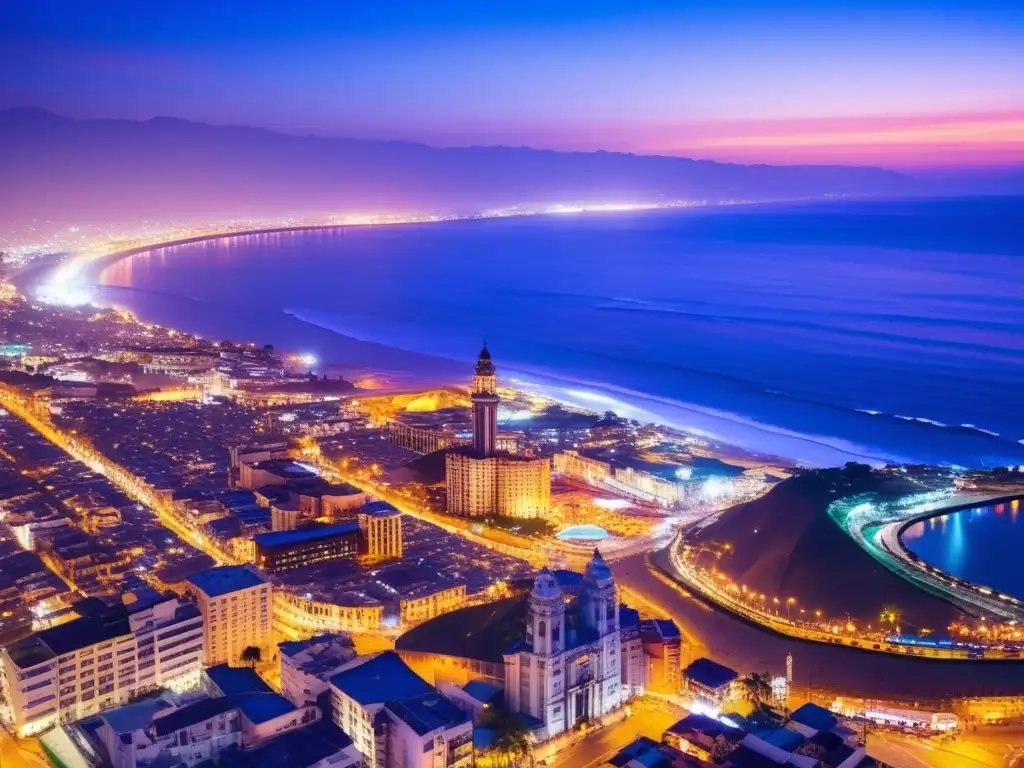 La ciudad de Lima, Perú, se despliega al atardecer, con las luces de la ciudad reflejándose en el océano Pacífico