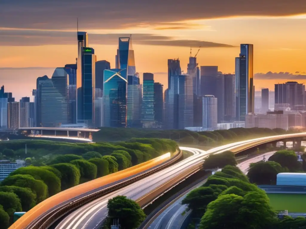 Una ciudad bulliciosa al atardecer, con rascacielos modernos reflejando la cálida luz dorada