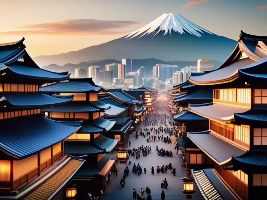 Transformación urbana: Meijiera, mezcla de tradición y modernidad Una ciudad bulliciosa durante la Revolución Meiji en Japón, con arquitectura moderna y tradicional, gente vestida de forma occidental y tradicional