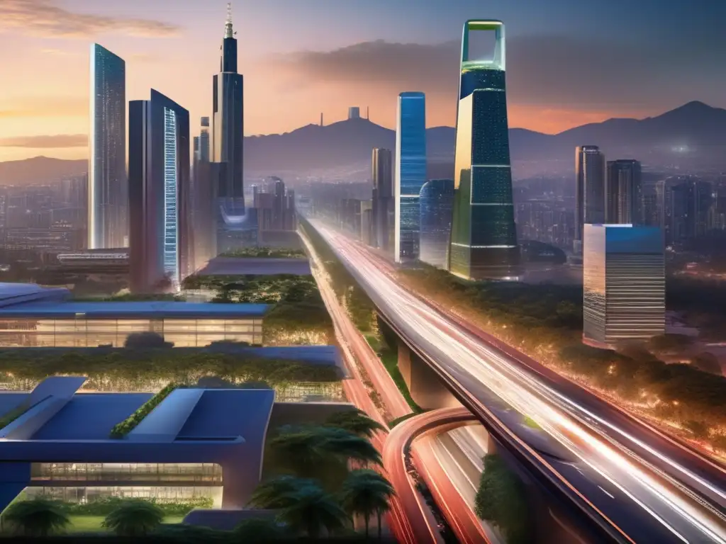 Una ciudad bulliciosa al anochecer, con rascacielos modernos y autopistas iluminadas creando un entorno urbano dinámico y futurista