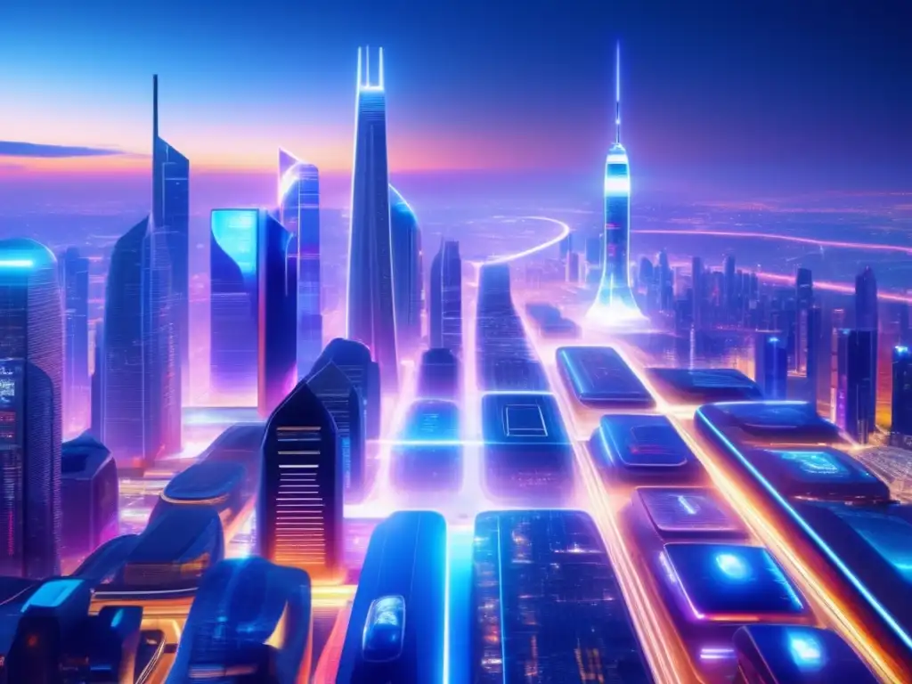 Una ciudad futurista en alta resolución 8k, con rascacielos, anuncios holográficos, transporte avanzado y una atmósfera vibrante