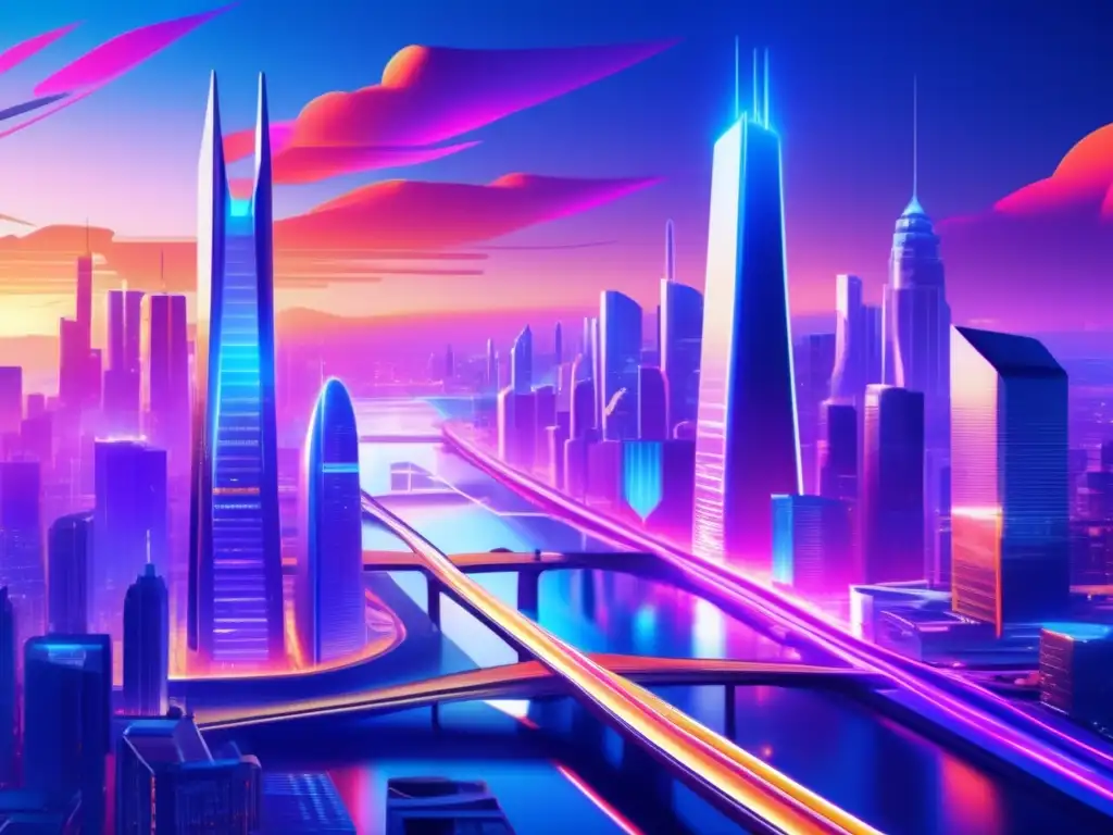 Una ciudad futurista iluminada por luces de neón al atardecer con rastros de vehículos voladores, Hermann Minkowski espacio tiempo eternidad