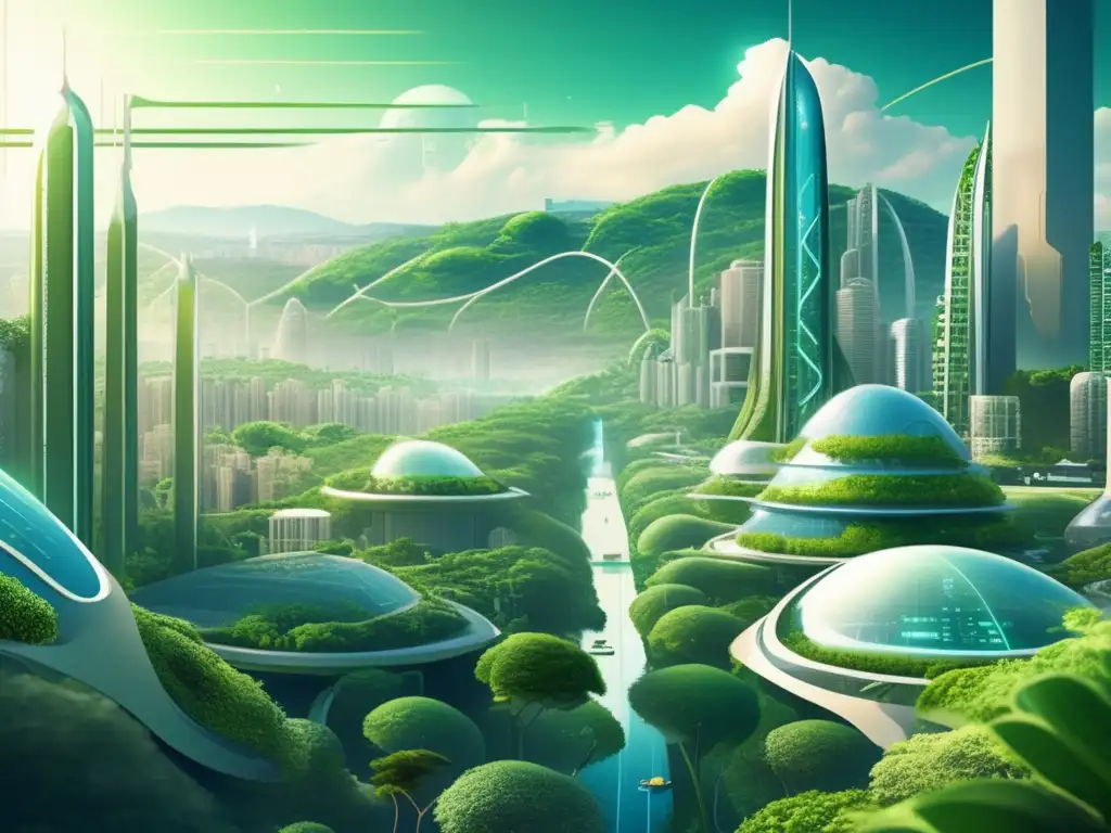 Una ciudad futurista ilustrada que refleja la visión de Michel Serres sobre la interconexión entre ciencia, filosofía y ecología