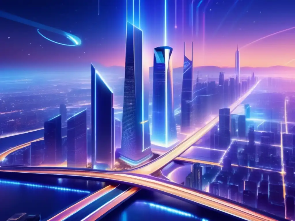 Una ciudad futurista llena de rascacielos iluminados y conectividad digital