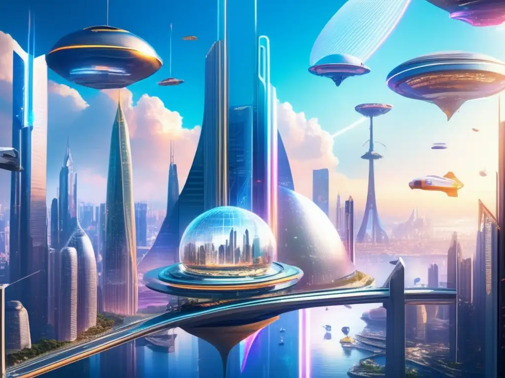 Una ciudad futurista llena de rascacielos y hologramas, con gente diversa y vehículos voladores, evoca la crítica social en Un Mundo Feliz Aldous Huxley