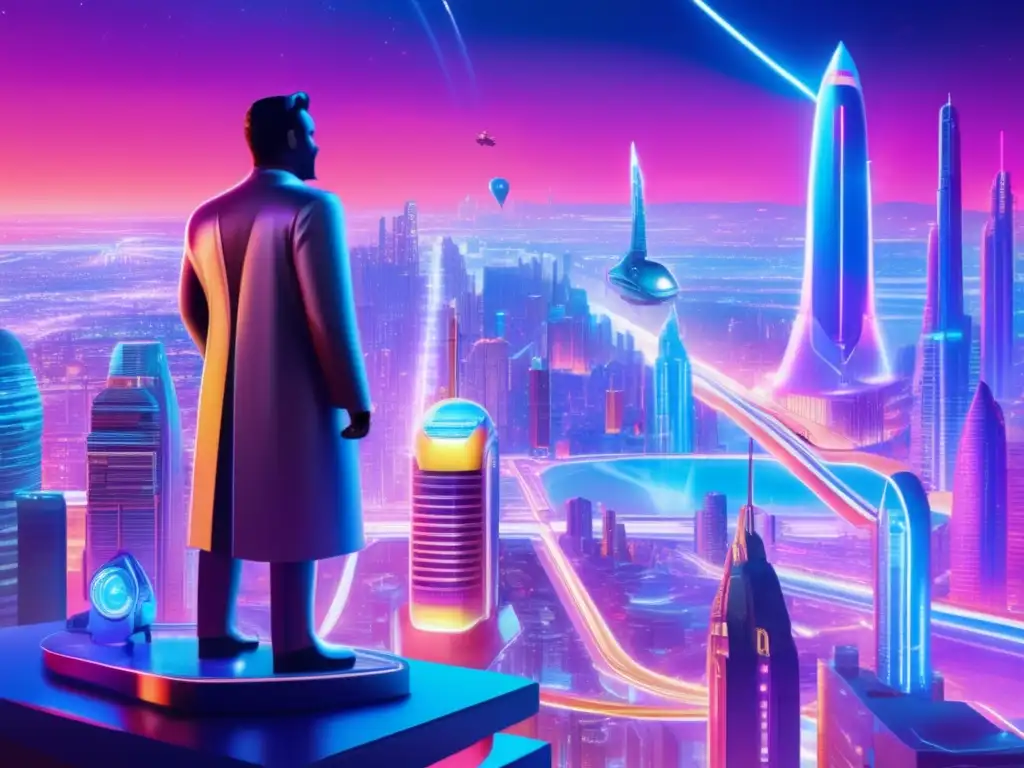 Una ciudad futurista en la noche, llena de rascacielos iluminados y autos voladores
