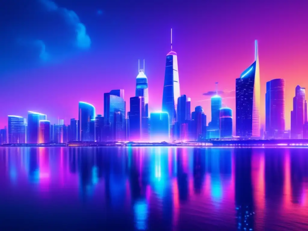 Una ciudad futurista con rascacielos brillantes y luces de neón reflejándose en el agua