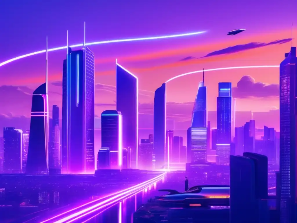 La ciudad futurista se eleva al anochecer, con rascacielos relucientes y luces de neón