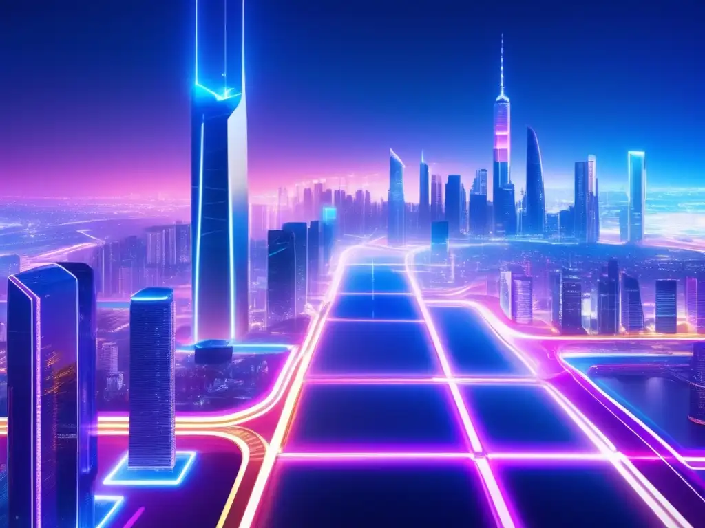 Una ciudad futurista y ultramoderna iluminada por luces de neón, con rascacielos brillantes y una red de autopistas interconectadas
