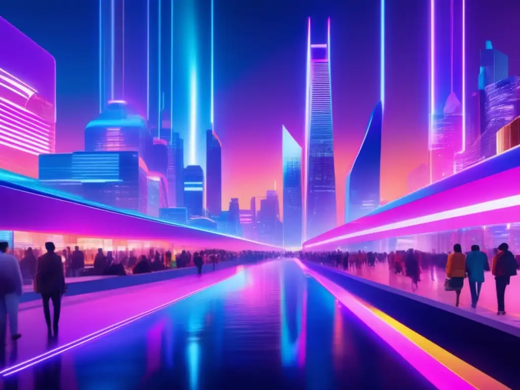 Una ciudad futurista vibrante de noche, con luces de neón, rascacielos y un río
