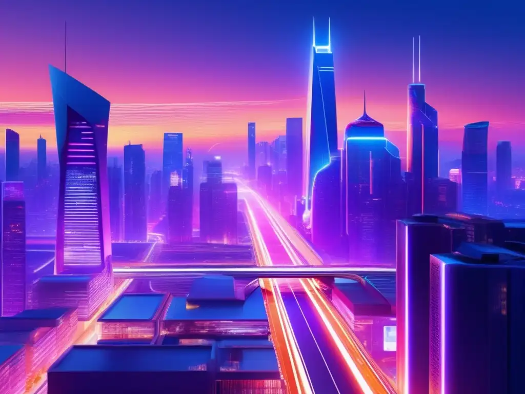 Una ciudad futurista y vibrante al anochecer, con rascacielos relucientes y autopistas iluminadas