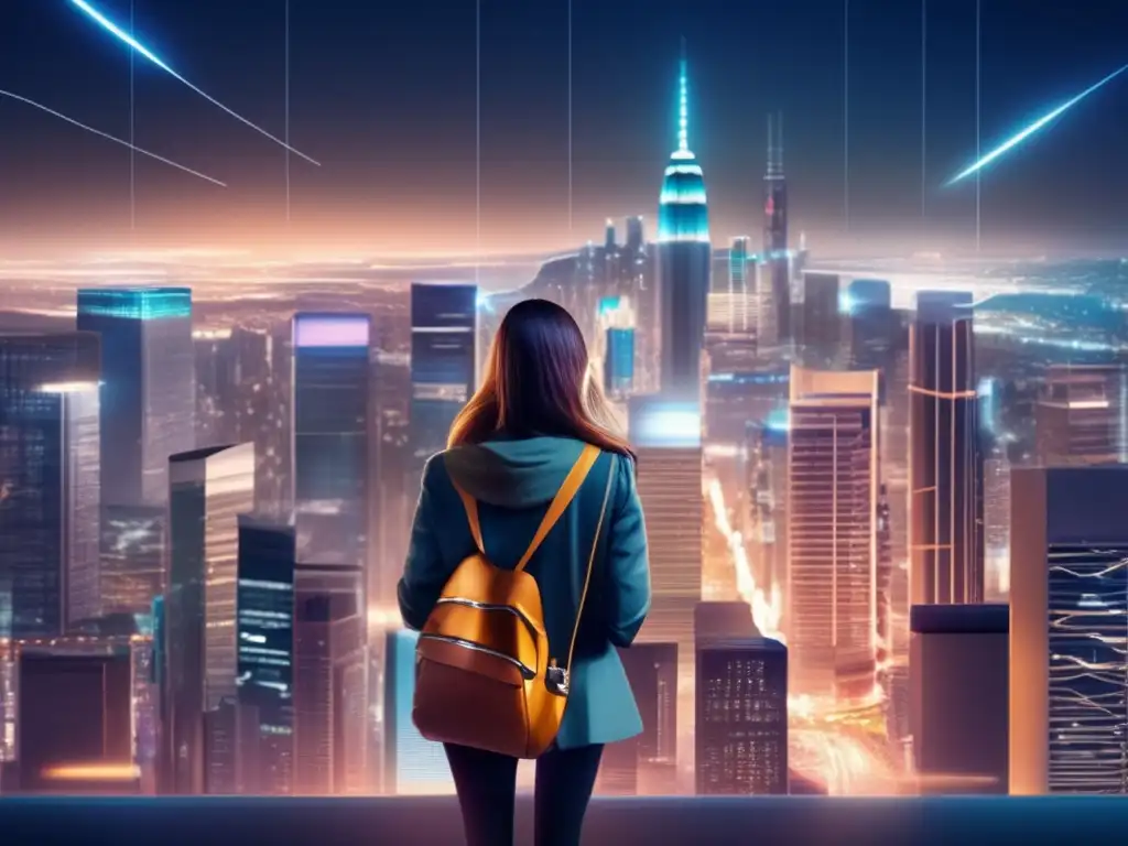 La ciudad nocturna bulliciosa con rascacielos iluminados y una red de líneas brillantes, simbolizando la mensajería instantánea global de Jan Koum