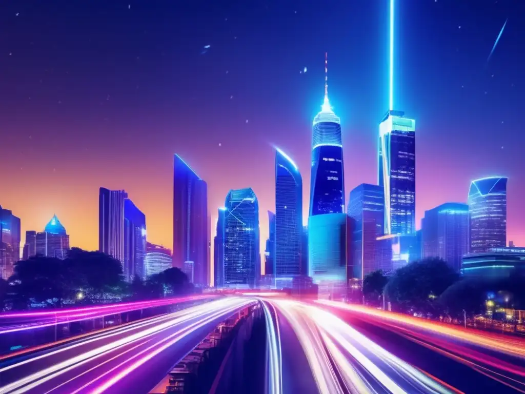 Una ciudad nocturna llena de energía y dinamismo, con rascacielos iluminados y actividad frenética