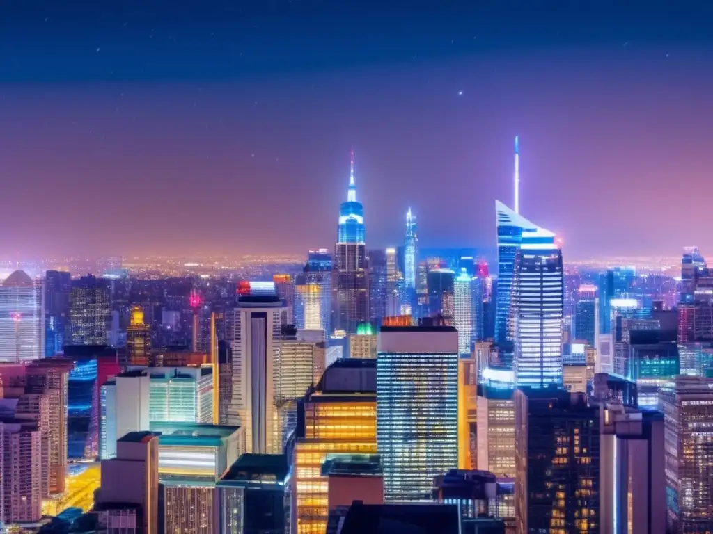 Una ciudad nocturna llena de rascacielos iluminados por luces de colores, contrastando con un cielo estrellado