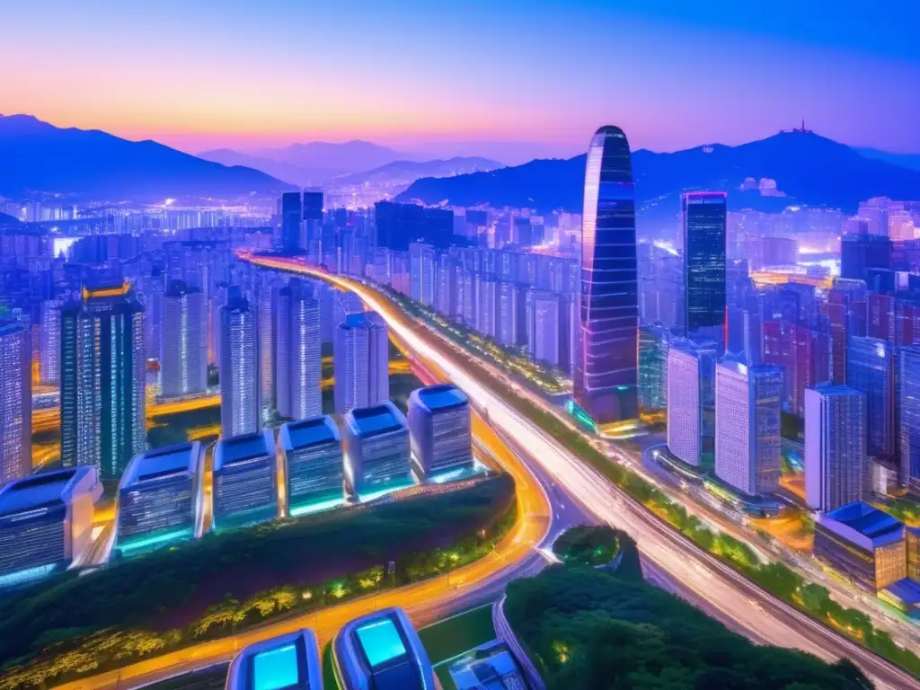 La ciudad de Seúl, Corea del Sur, se alza con rascacielos futuristas y luces LED, mientras los vehículos eléctricos surcan las calles impecables