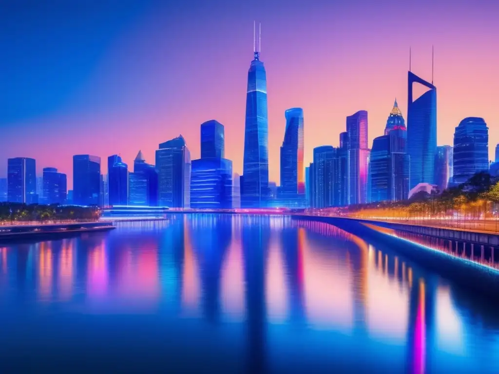 Una ciudad vibrante y próspera en la noche, con rascacielos iluminados y reflejados en el río