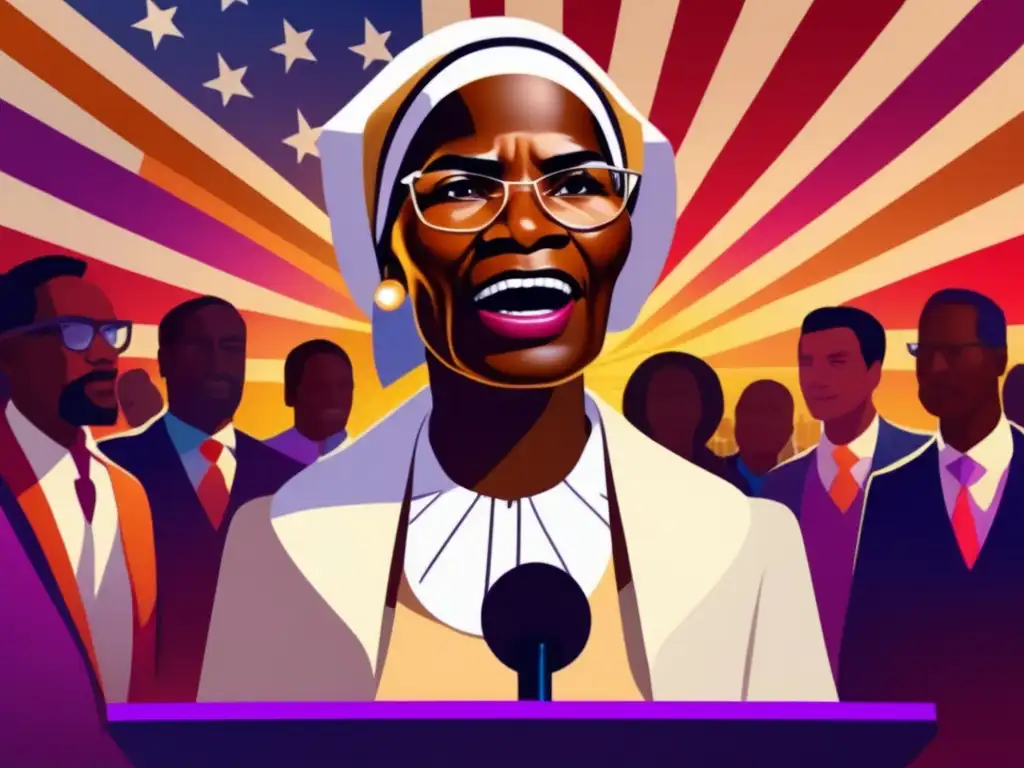 Sojourner Truth lucha derechos civiles: Arte digital moderno de Truth hablando en un mitin, con una multitud diversa escuchando con atención