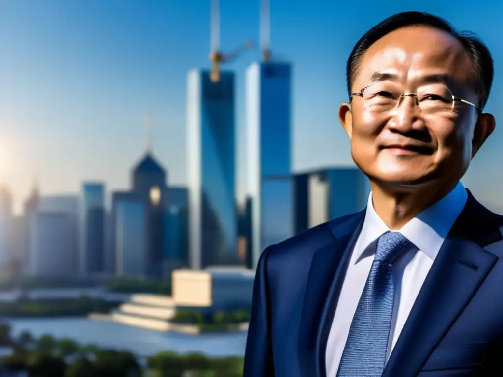 Jim Yong Kim, con visión clara, frente al Banco Mundial, simbolizando progreso y futuro en 'Legado y Perspectivas Futuras'
