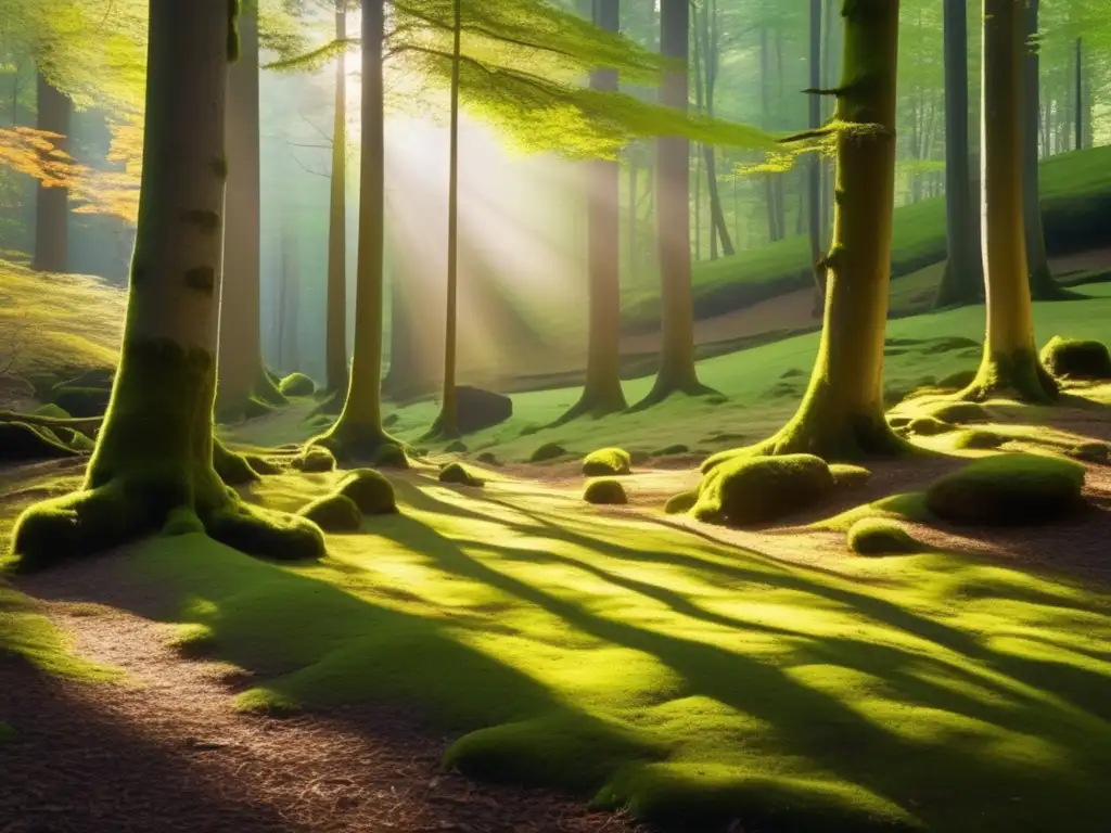 Un claro en el bosque, con árboles altos proyectando sombras sobre musgo verde