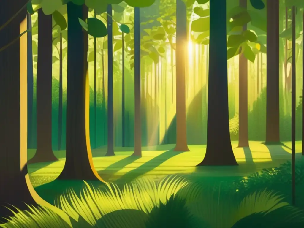 Un claro de bosque bañado por el sol, con árboles altos proyectando sombras entre la exuberante vegetación