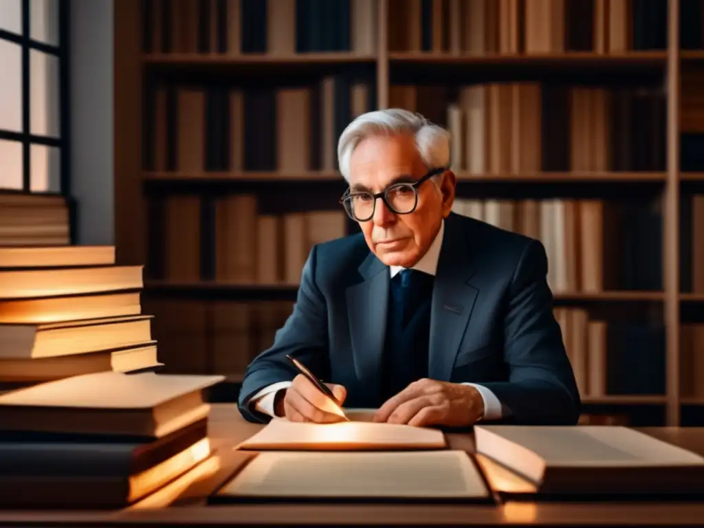 Claude Lévi-Strauss inmerso en el estudio, rodeado de libros y papeles, reflejando la profundidad intelectual del estructuralismo