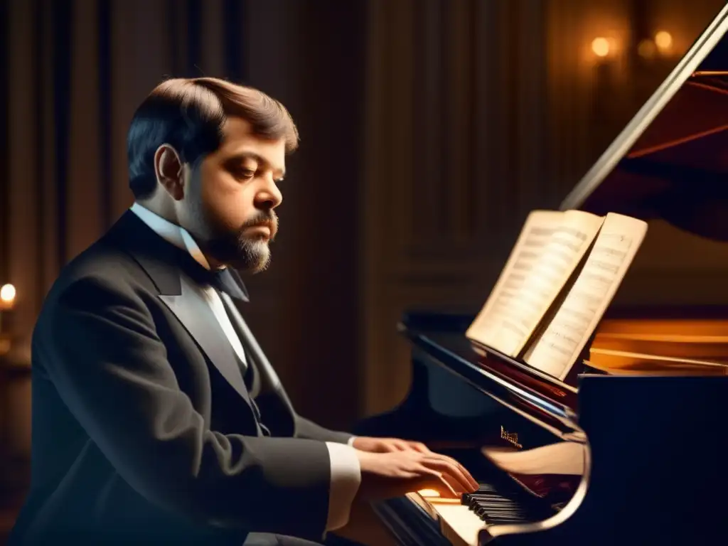 Claude Debussy tocando el piano en un ambiente sofisticado y contemplativo