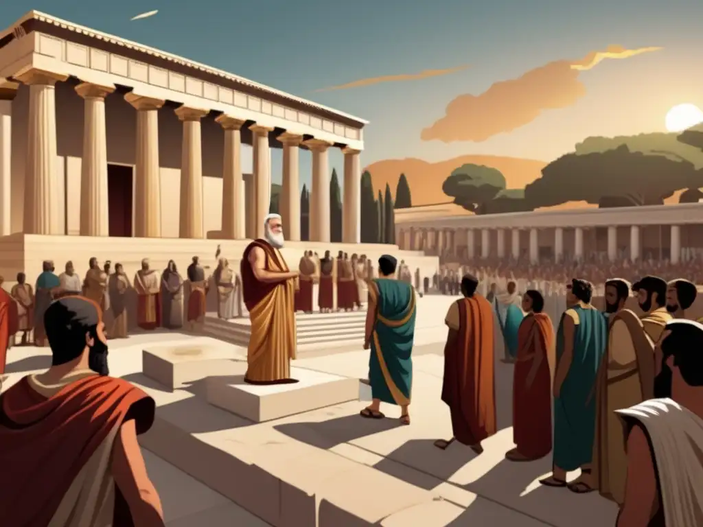 Cleisthenes reformador Atenas invención democracia: Ilustración digital detallada de Cleisthenes en el centro de la Ágora, rodeado de ciudadanos en discusiones democráticas