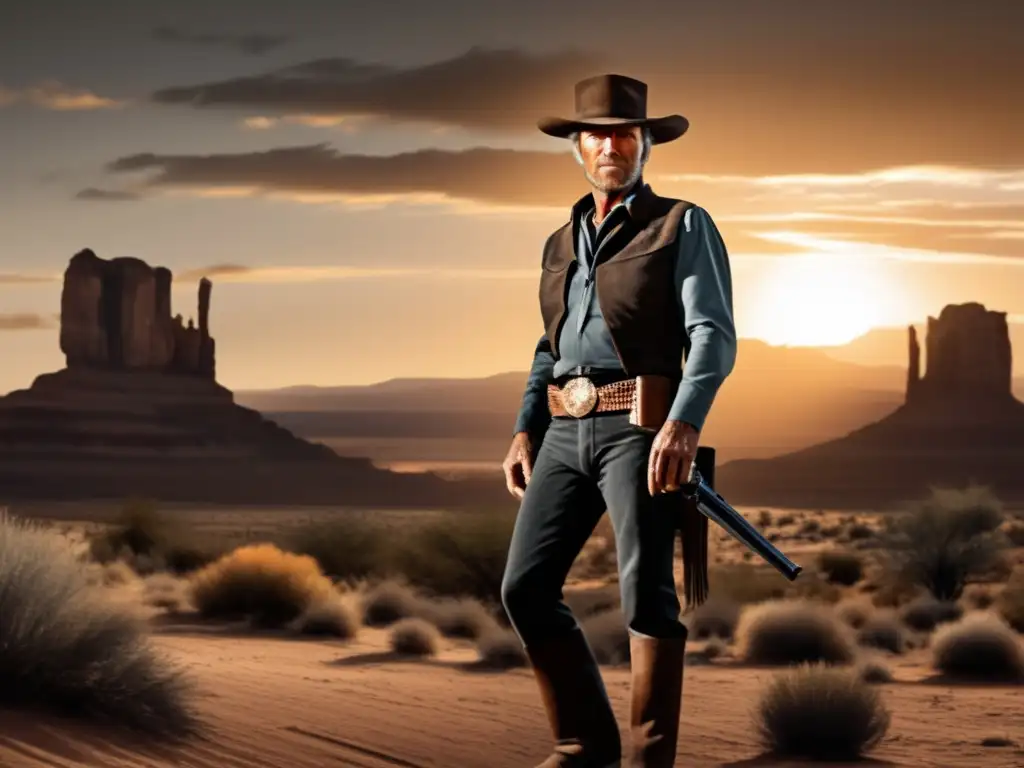 Clint Eastwood director películas western en icónica escena al atardecer del oeste, con mirada determinada