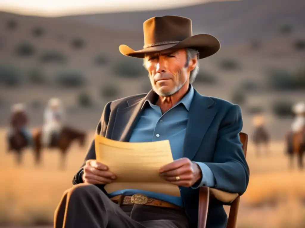 Clint Eastwood director películas western, concentrado en set al atardecer, gorra vaquera, script en mano
