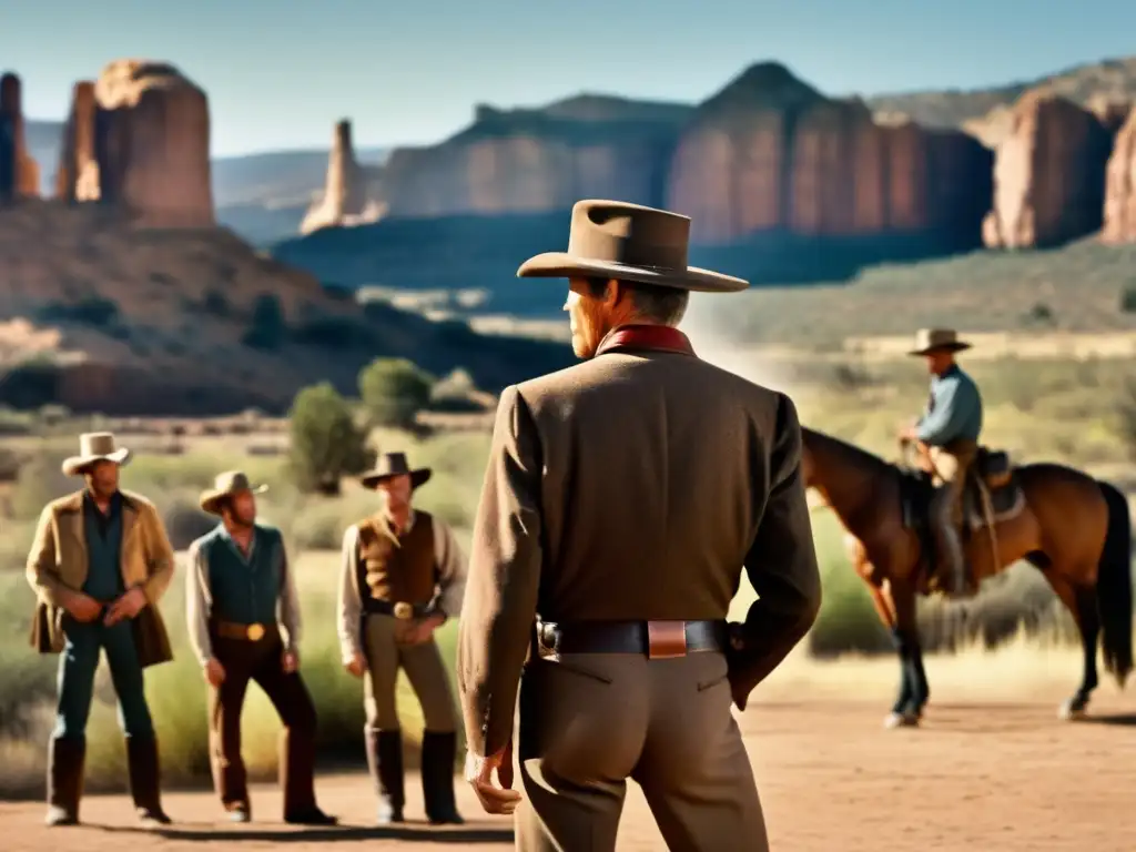 Clint Eastwood director películas western supervisa escena en el set, con expresión concentrada y paisaje clásico de fondo
