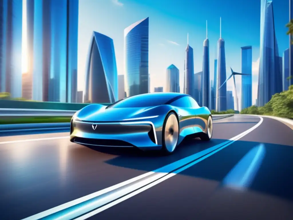 Un coche eléctrico futurista avanza por una carretera rodeada de rascacielos y aerogeneradores