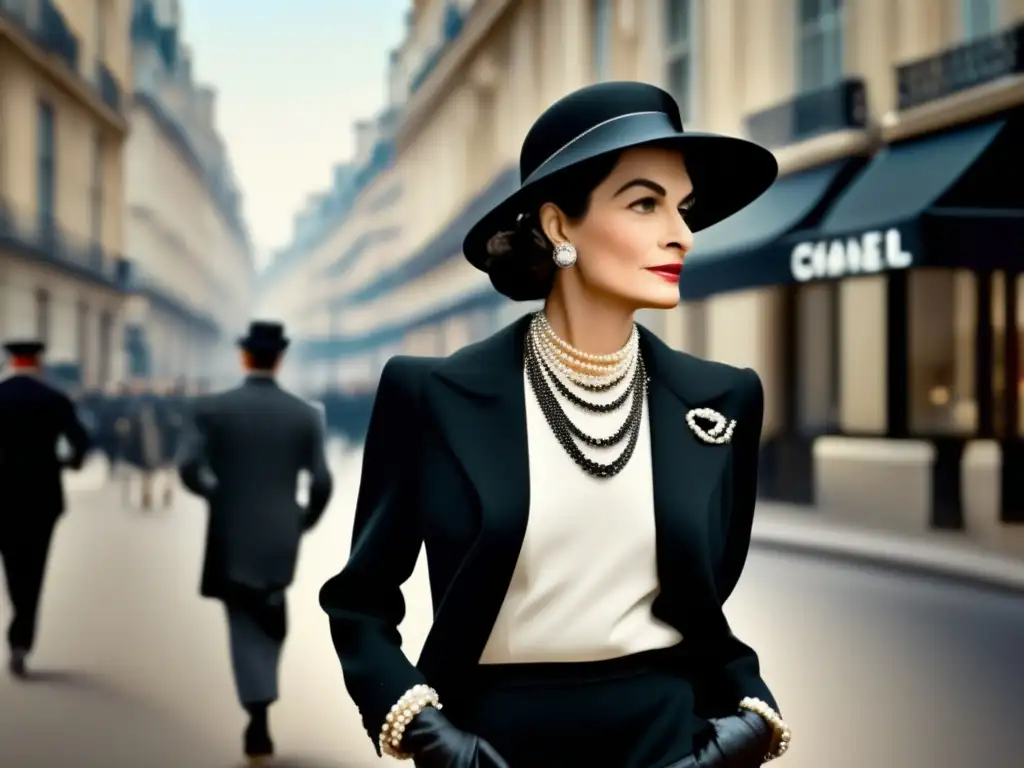 Coco Chanel desfila con confianza por una calle parisina, luciendo un icónico conjunto en blanco y negro que refleja su elegancia rebelde