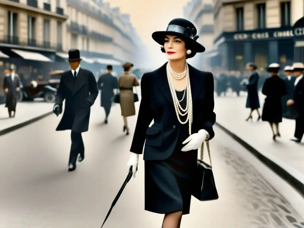 Coco Chanel camina con confianza por una calle parisina en los años 20, un ícono de moda y empoderamiento femenino