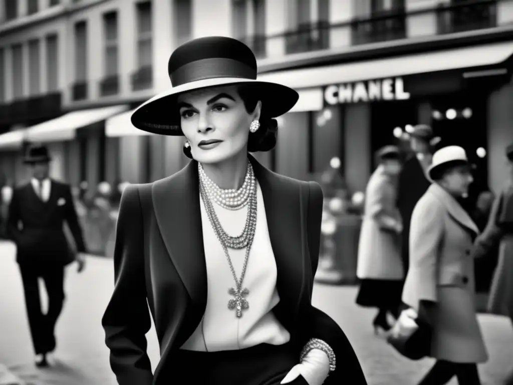 Coco Chanel moda empoderamiento femenino: Coco Chanel camina con confianza por las calles parisinas, luciendo un traje icónico y un sombrero de ala ancha, irradiando elegancia atemporal y determinación