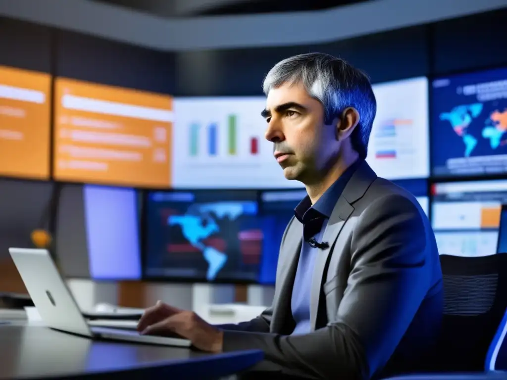 Larry Page, cofundador de Google, trabaja en una oficina futurista rodeado de tecnología avanzada y pantallas digitales con datos