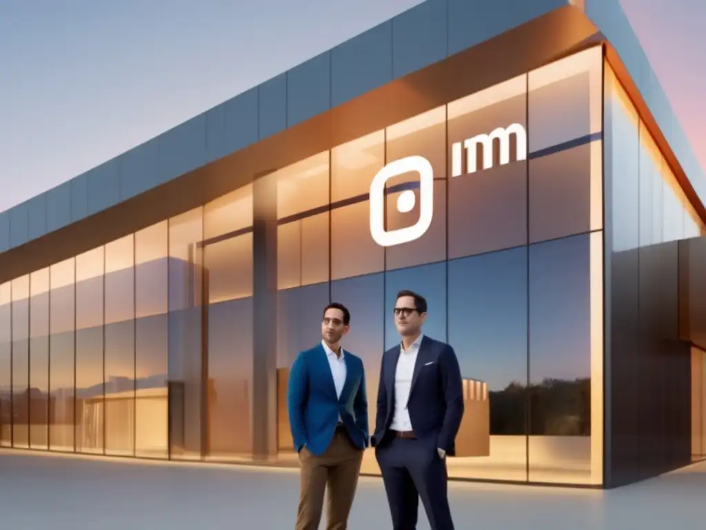 Kevin Systrom y Mike Krieger, cofundadores de Instagram, posan con determinación frente a un edificio futurista, proyectando confianza