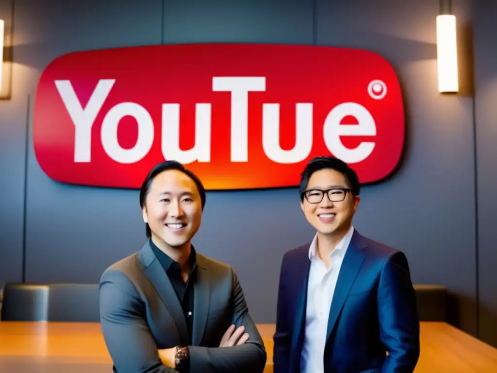 Chad Hurley y Steve Chen, cofundadores de YouTube, discuten frente al icónico logo