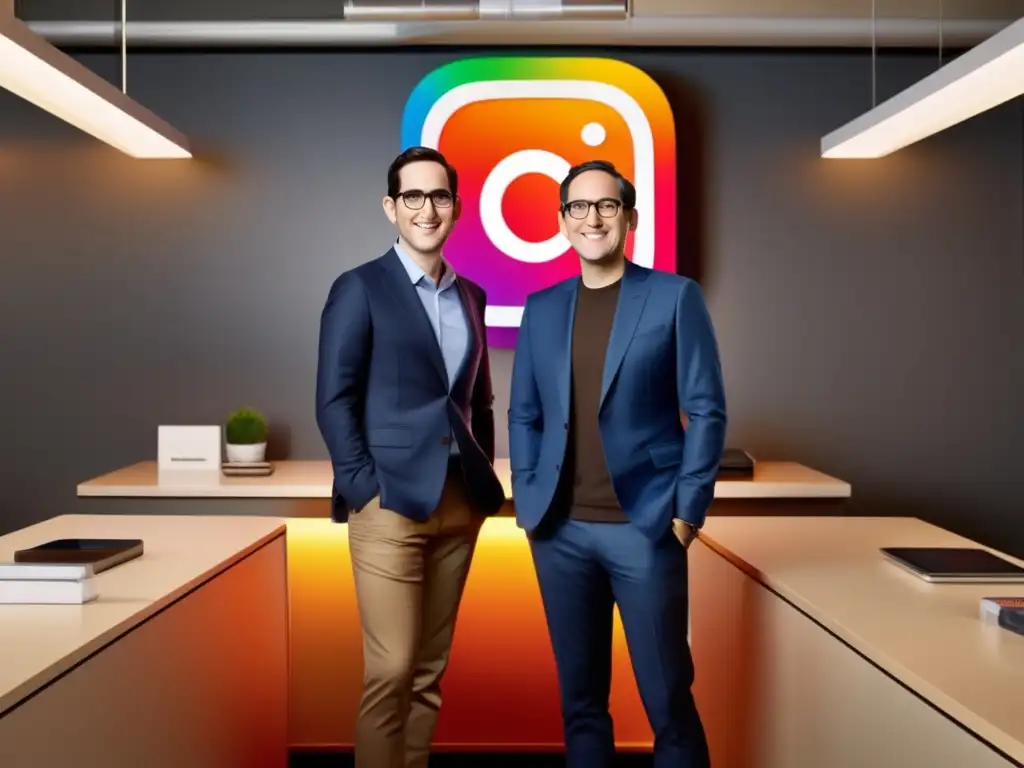 Dos cofundadores de Instagram, Kevin Systrom y Mike Krieger, posan junto al icónico logo de Instagram en un entorno de oficina moderno y elegante