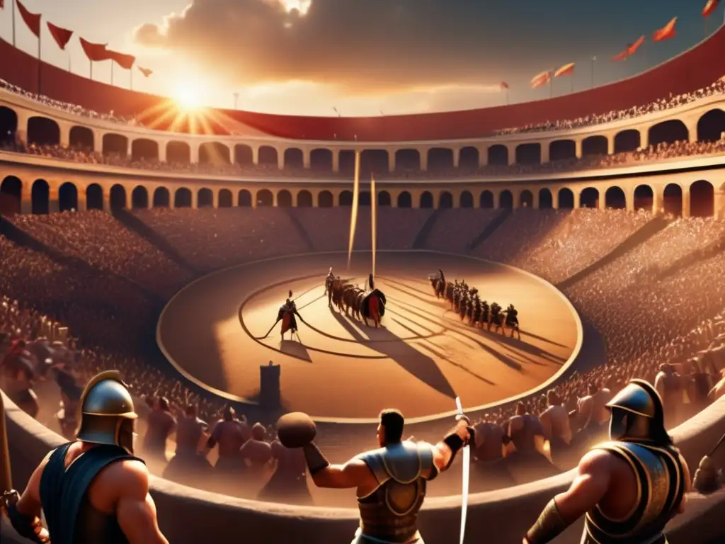 Un coliseo romano con gladiadores luchando al atardecer, capturando la intensidad de la antigua Roma