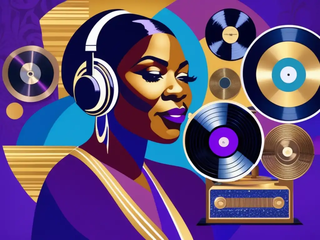 Un collage digital de alta resolución con Bessie Smith en el centro, rodeada de elementos musicales vintage