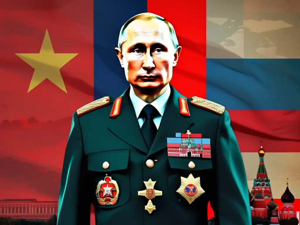 Un collage digital de alta resolución con imágenes de Vladimir Putin en uniforme de la KGB, la bandera rusa y el Kremlin