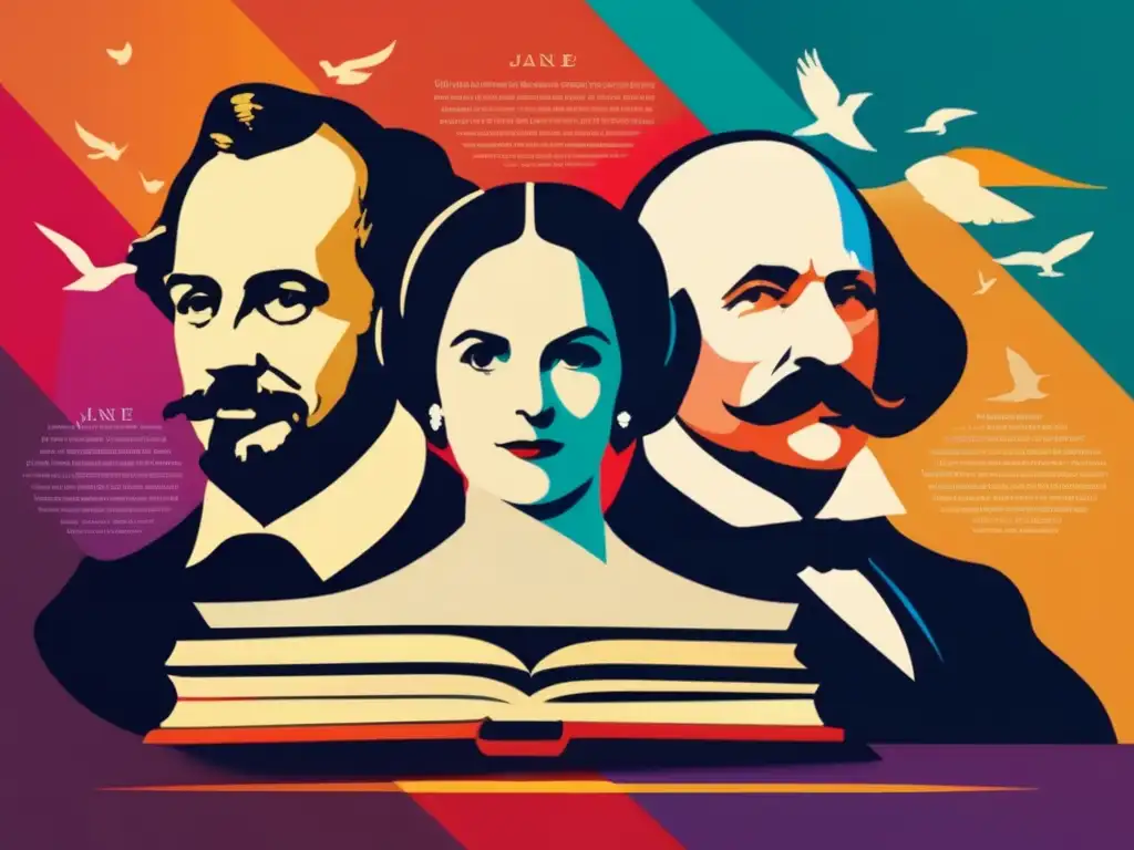 Un collage digital moderno de autores clásicos como Shakespeare, Jane Austen y Mark Twain, junto a sus obras y símbolos icónicos