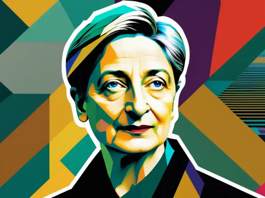 Un collage digital moderno de Judith Butler con elementos abstractos y colores vibrantes, representando la performatividad de género