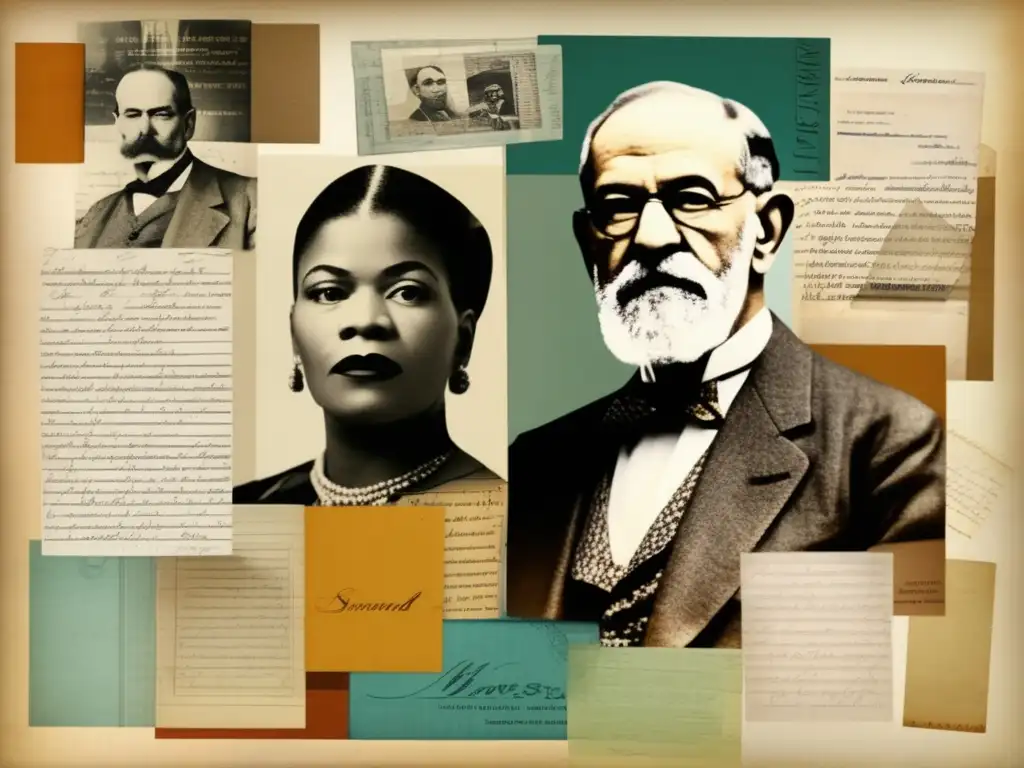 Un collage digital moderno de pensadores destacados con diarios y cartas, evocando sabiduría atemporal