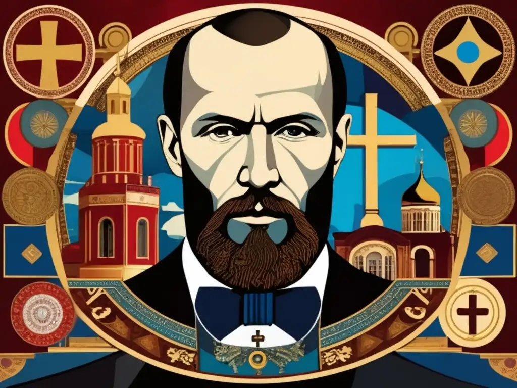 Un collage digital moderno de alta resolución retrata a Fyodor Dostoevsky junto a símbolos icónicos de sus obras literarias