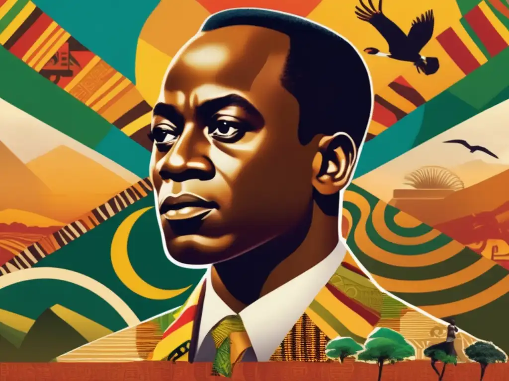 Un collage digital moderno de alta resolución muestra a un joven Kwame Nkrumah rodeado de símbolos de herencia y unidad africanas